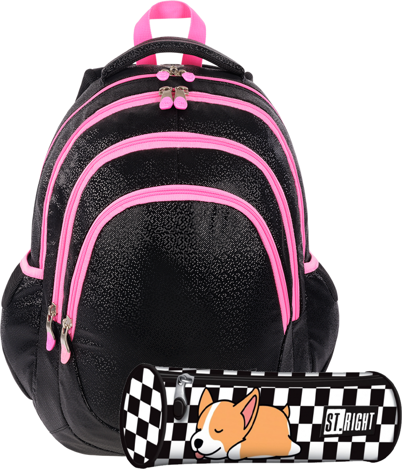 Zestaw: Plecak Black Glitter + piórnik tuba Sleepy Corgi St.Right