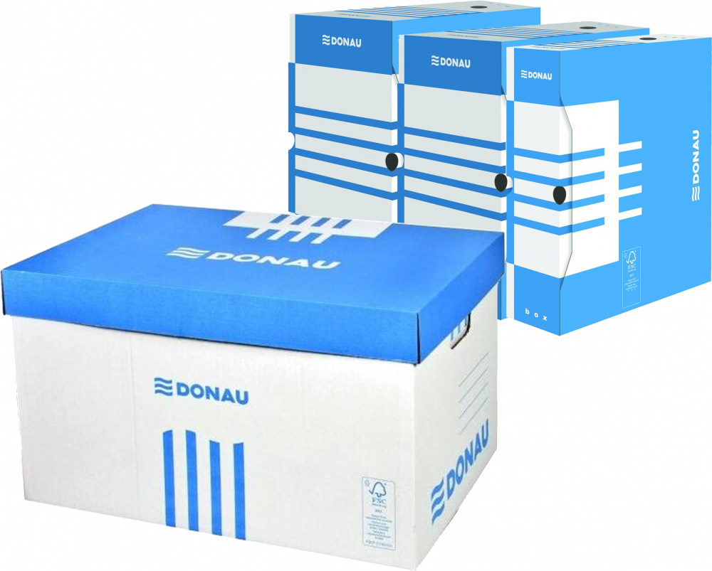 Zestaw pudeł archiwizacyjnych Donau, niebieski: Pudło zbiorcze Donau, 545mm, otwierane od góry + 2x Pudło Donau, 200mm + Pudło Donau 100mm