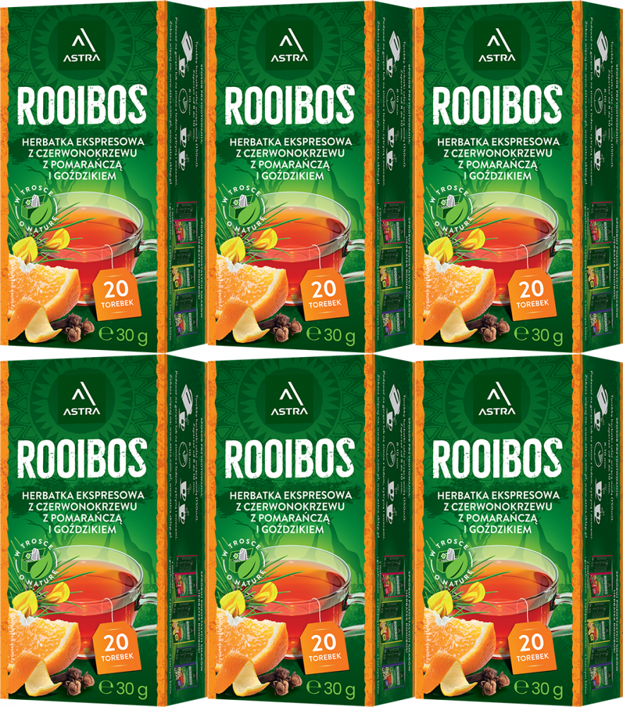 6x Herbata Rooibos w torebkach Astra, pomarańcza i goździk, 20 sztuk x 1.5g