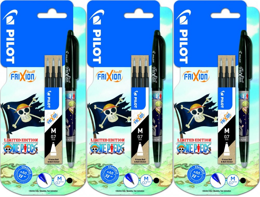 3x Pióro kulkowe wymazywalne Pilot Frixion Ball One Piece, 0.7mm, czarny + wkład, 3 sztuki, czarny
