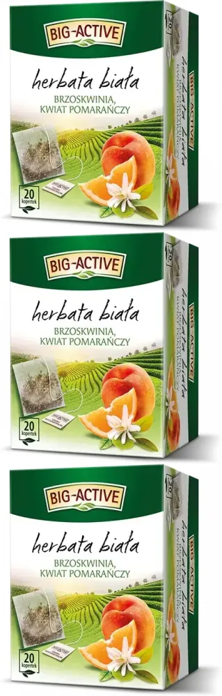 3x Herbata biała smakowa w torebkach Big Active, brzoskwinia i kwiat pomarańczy, 20 sztuk x 1.5g