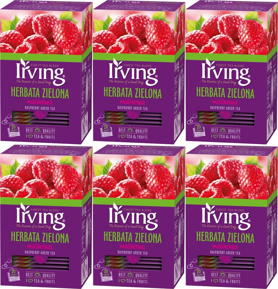 6x Herbata zielona smakowa w kopertach Irving, malinowa, 20 sztuk x 1.5g