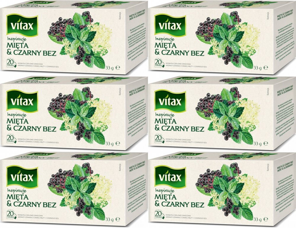 6x Herbata ziołowo-owocowa w torebkach Vitax Inspiracje, mięta & czarny bez, 20 sztuk x 1.65g