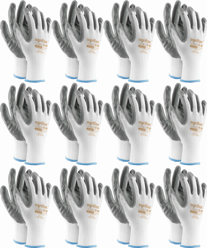 12x Rękawice robocze Ogrifox OX-NITRICAR WS, powlekane, rozmiar 7, biało-szary