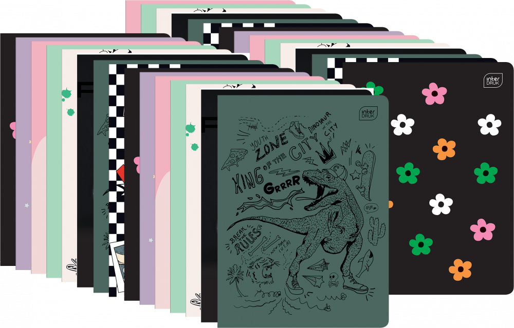 30x Zeszyt w kratkę Interdruk, A5, miękka oprawa, 32 kartki, mix wzorów