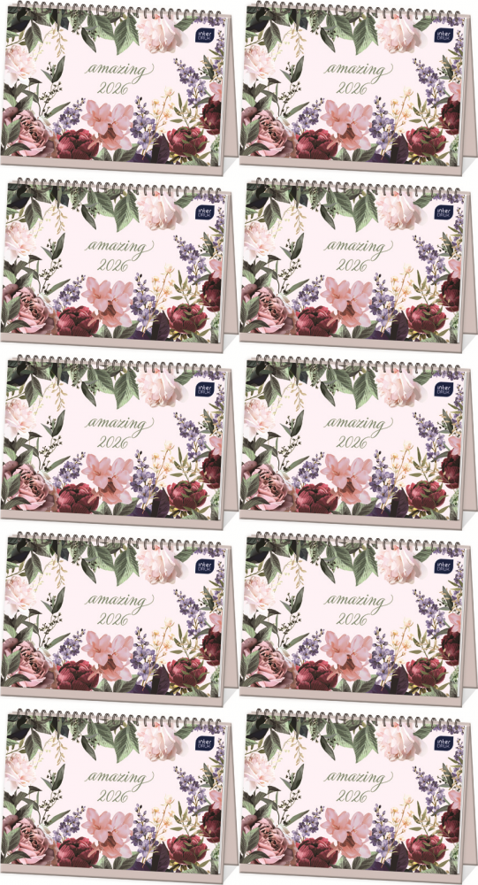10x Kalendarz na biurko 2026, Interdruk, poziomy, 30x21cm, tygodniowy, Kwiaty