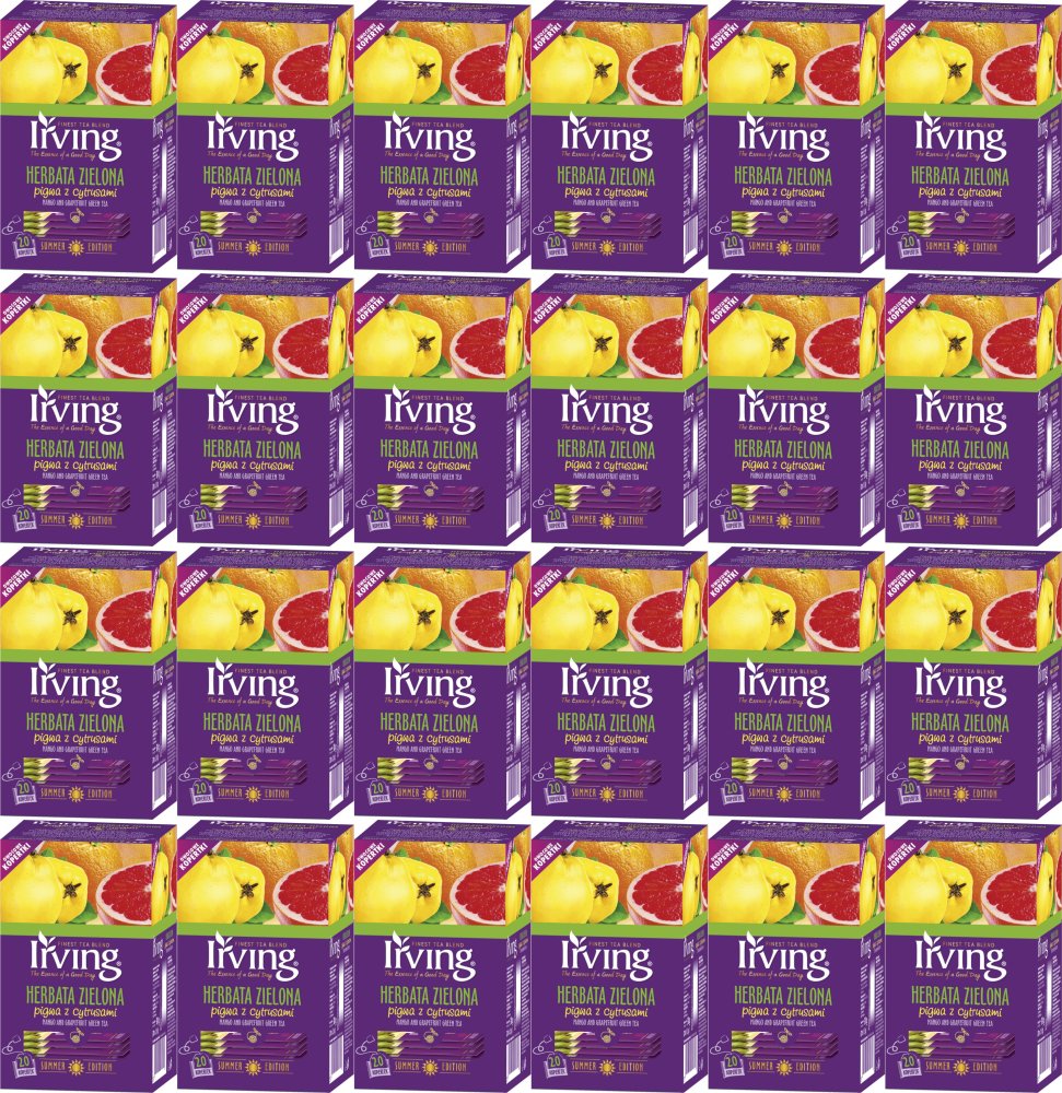 24x Herbata zielona smakowa w kopertach Irving, pigwa z cytrusami, 20 sztuk x 1.5g