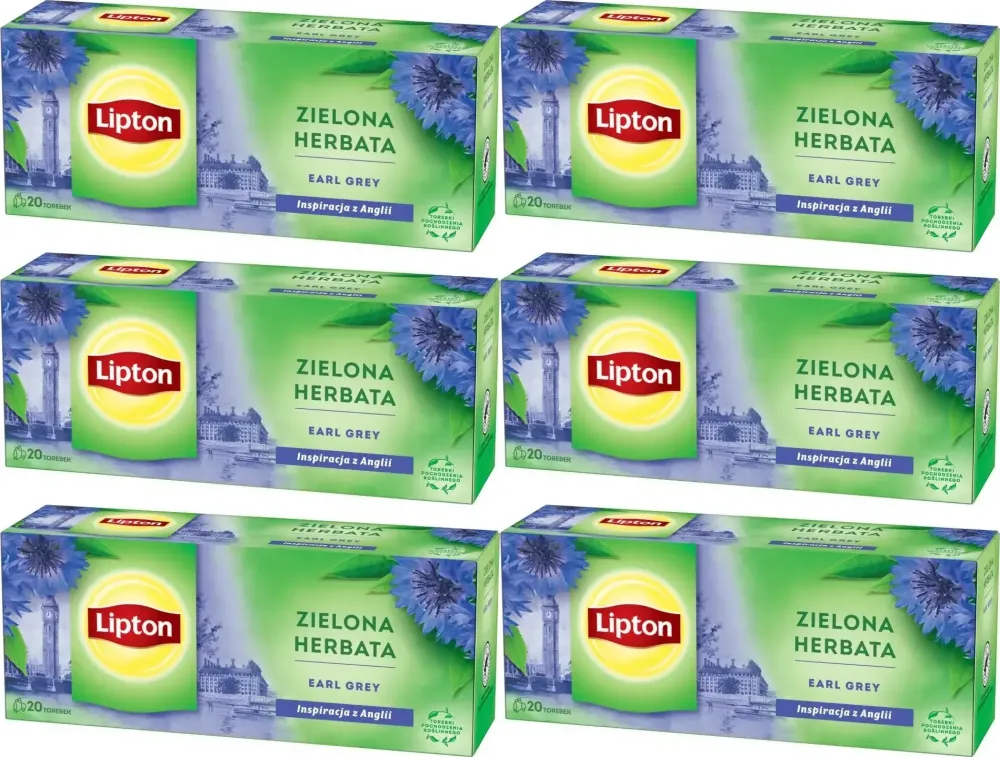 6x Herbata zielona w torebkach Lipton Earl Grey, 20 sztuk x 1.6g