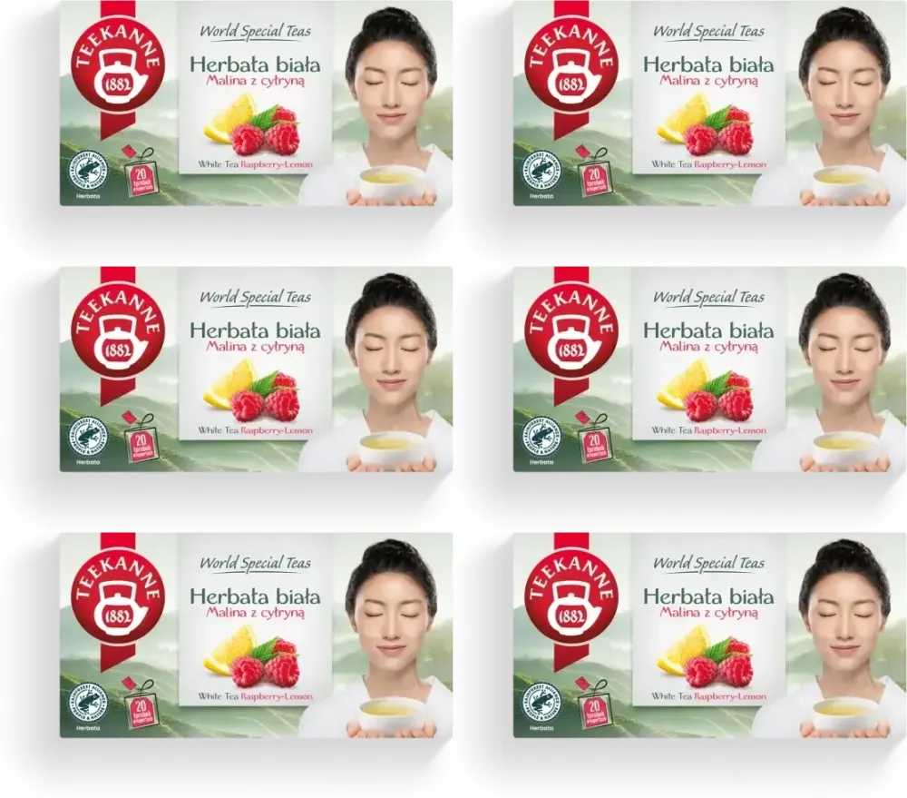 6x Herbata biała smakowa w torebkach Teekanne White Tea Rasberry-Lemon, malina z cytryną, 20 sztuk x 1.25g