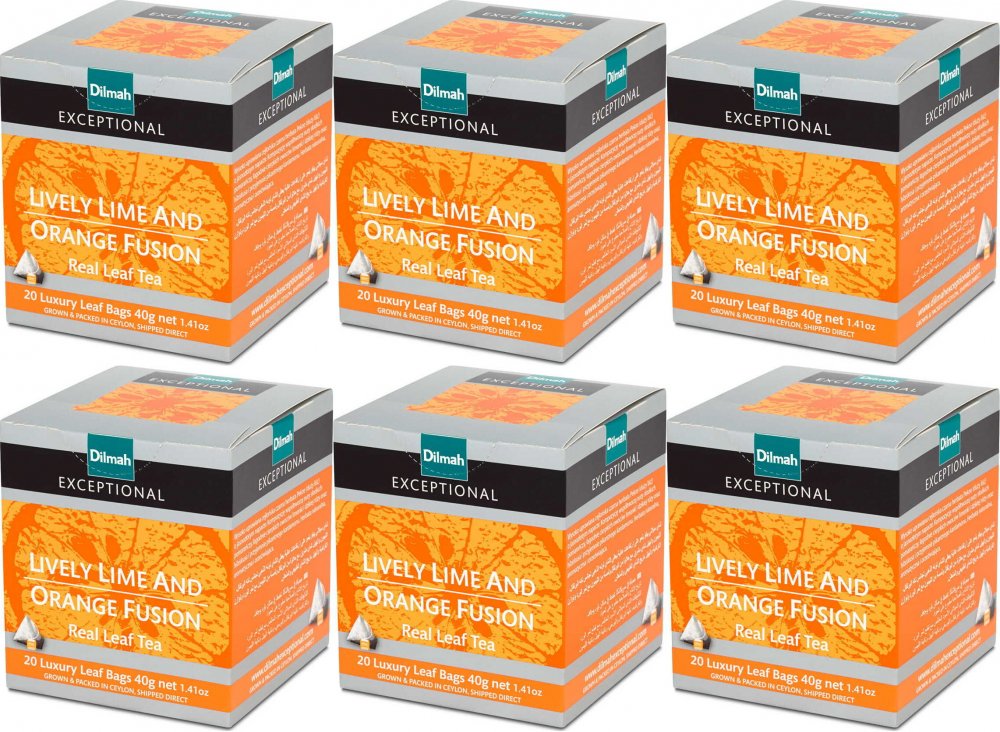 6x Herbata czarna w piramidkach Exceptional Dilmah Lively Lime and Orange Fusion, kardamon i pomarańcza, 20 sztuk x 2g