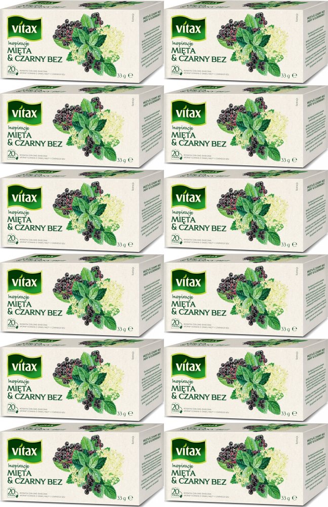 12x Herbata ziołowo-owocowa w torebkach Vitax Inspiracje, mięta & czarny bez, 20 sztuk x 1.65g