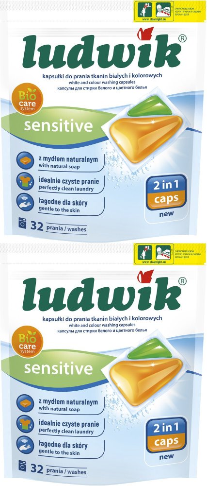 2x Kapsułki do prania tkanin białych i kolorowych Ludwik Sensitive 2 in 1, 32 sztuki