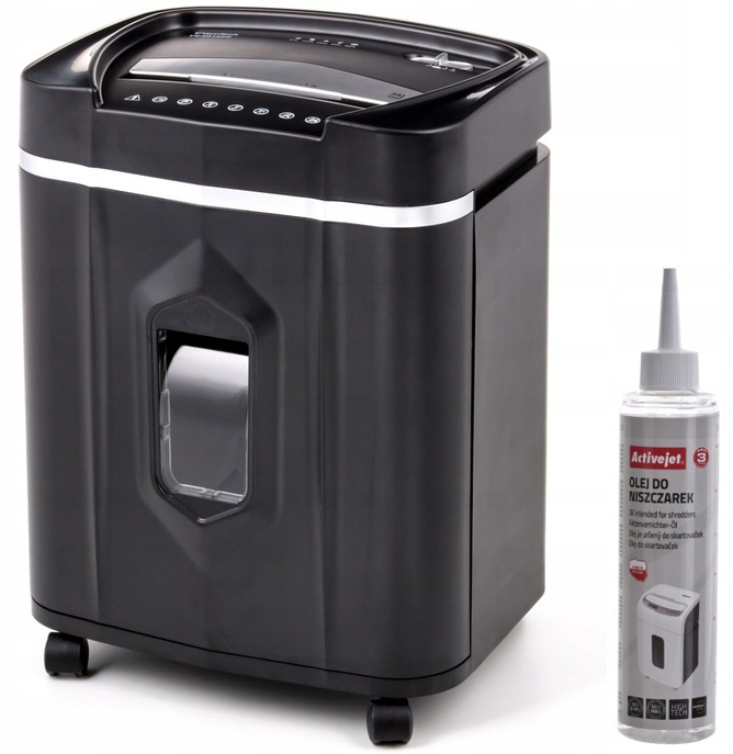 Zestaw Niszczarka VeroTech VS-2014CC, ścinek 4x12mm, 14 kartek, P-4/O-3/T-4/E-3/F-1 DIN, czarny + Olej do niszczarek Activejet ASO-250, 250ml