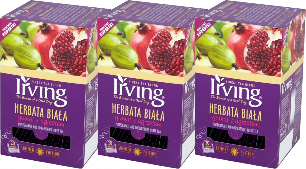 3x Herbata biała smakowa w kopertach Irving, granat z agrestem, 20sztuk x 1.5g