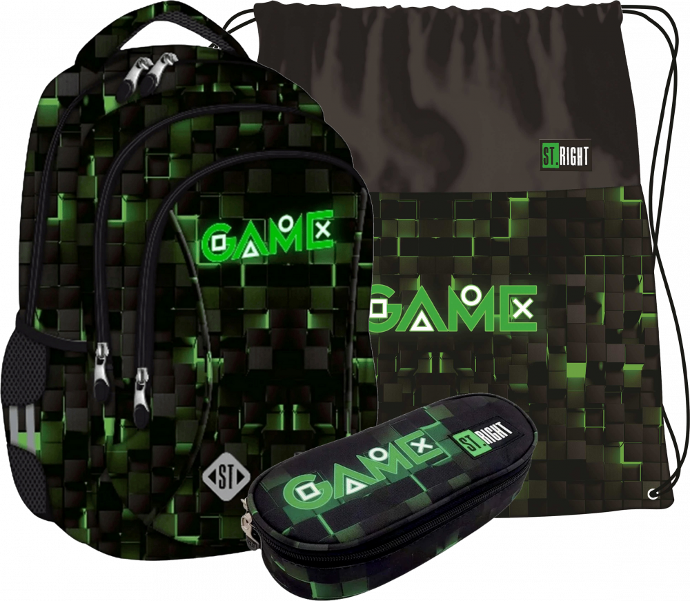 Zestaw: Plecak + piórnik saszetka + worek na buty St.Right Green Game