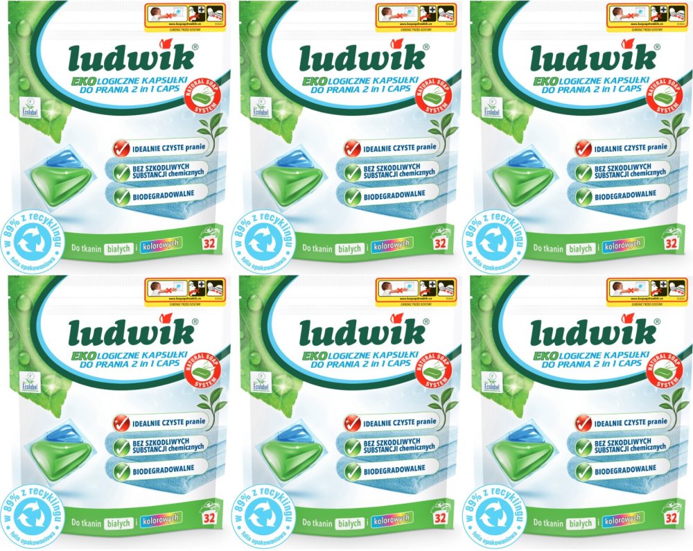 6x Kapsułki do prania tkanin białych i kolorowych Ludwik Ekologiczny 2 in 1, 32 sztuki