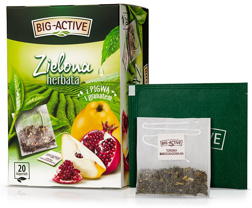 Herbata zielona smakowa w kopertach Big-Active, pigwa + granat, 20 sztuk x 1.7g