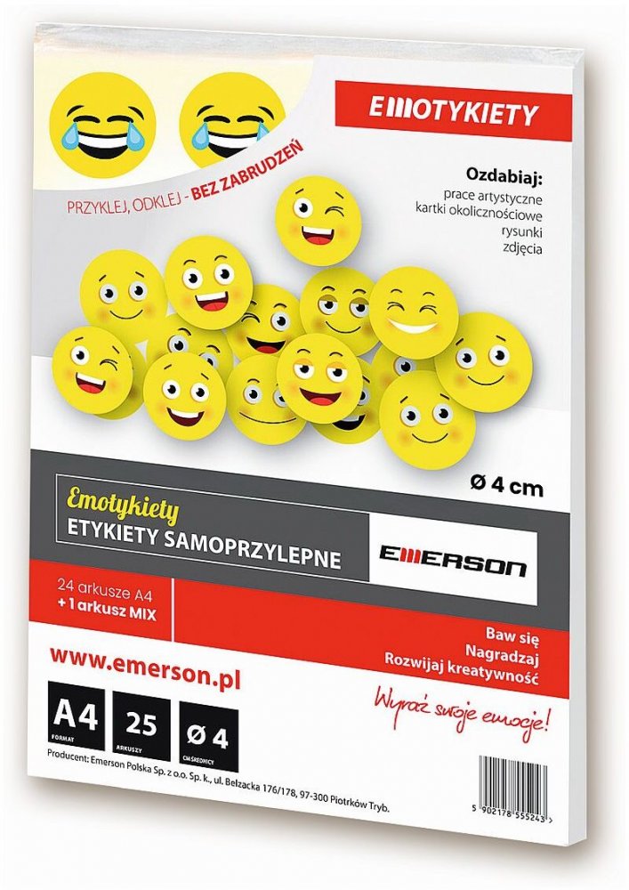 Etykiety buźki Emerson Emotykiety, średnica 40mm, 25 arkuszy, żółty