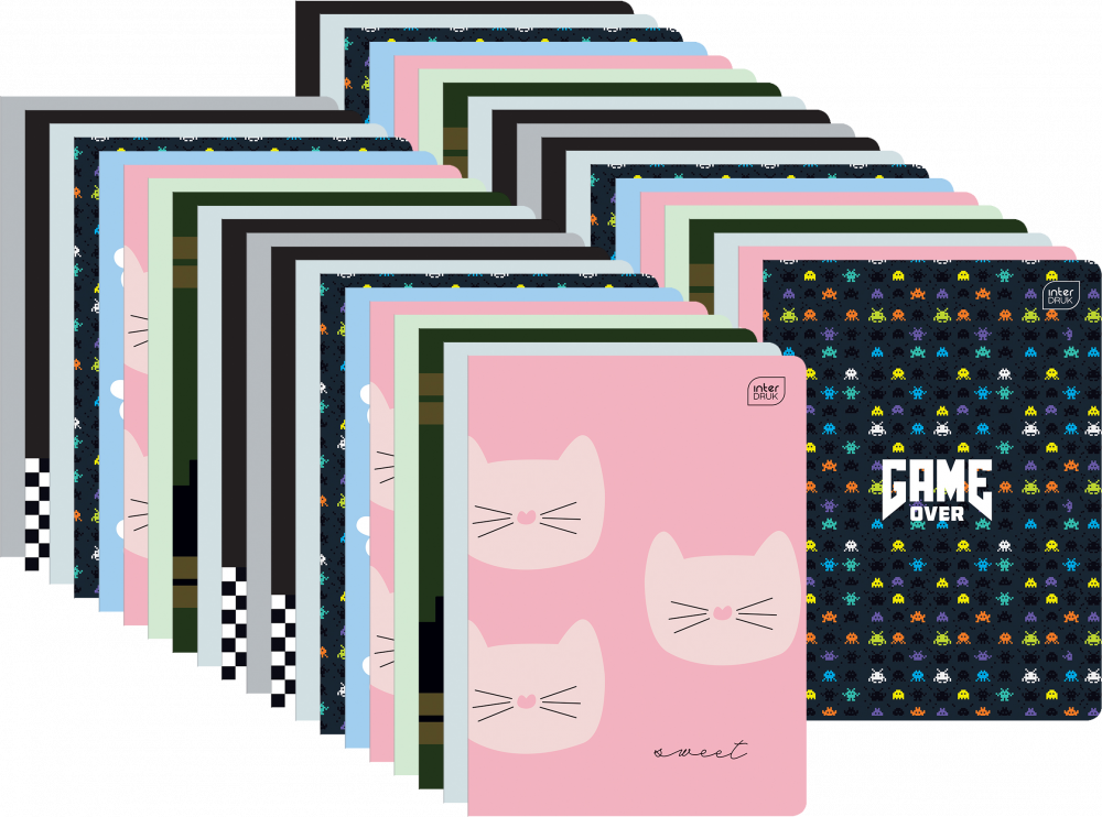 40x Zeszyt w kratkę Interdruk, A5, miękka oprawa, 16 kartek, mix wzorów