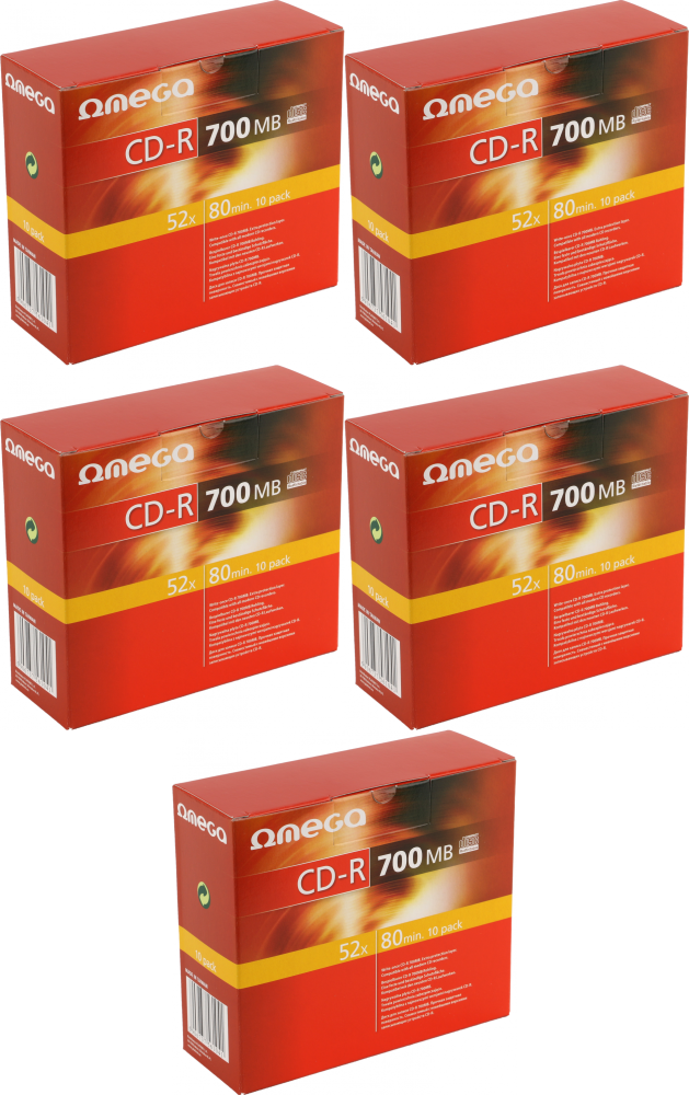 5x Płyta CD-R Omega, do jednokrotnego zapisu, 700 MB, slim, 10 sztuk