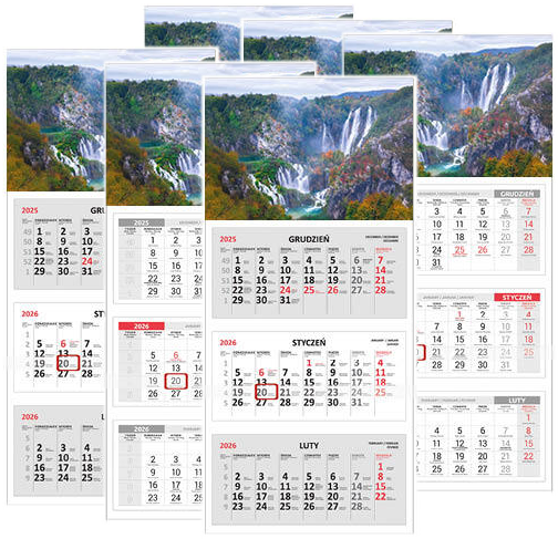 6x Kalendarz ścienny 2026, Udziałowiec, trójdzielny, 310x680mm, wodospad