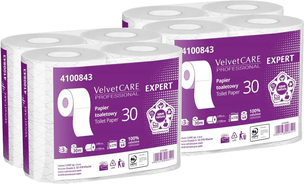 4x Papier toaletowy VelvetCARE Professional, 3-warstwowy, 30m, 4 rolki, biały