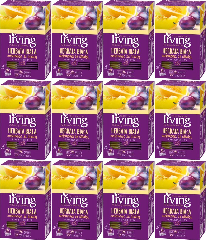 12x Herbata biała smakowa w kopertach Irving, melonowa ze śliwką, 20 sztuk x 1.5g