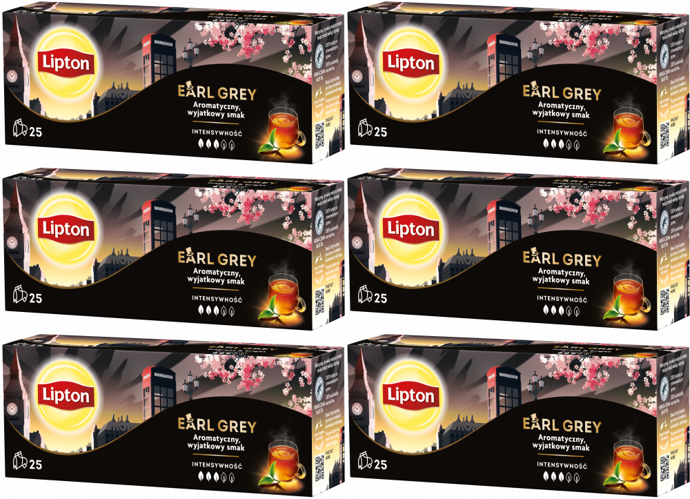 6x Herbata Earl Grey w torebkach Lipton, 25 sztuk x 1.5g