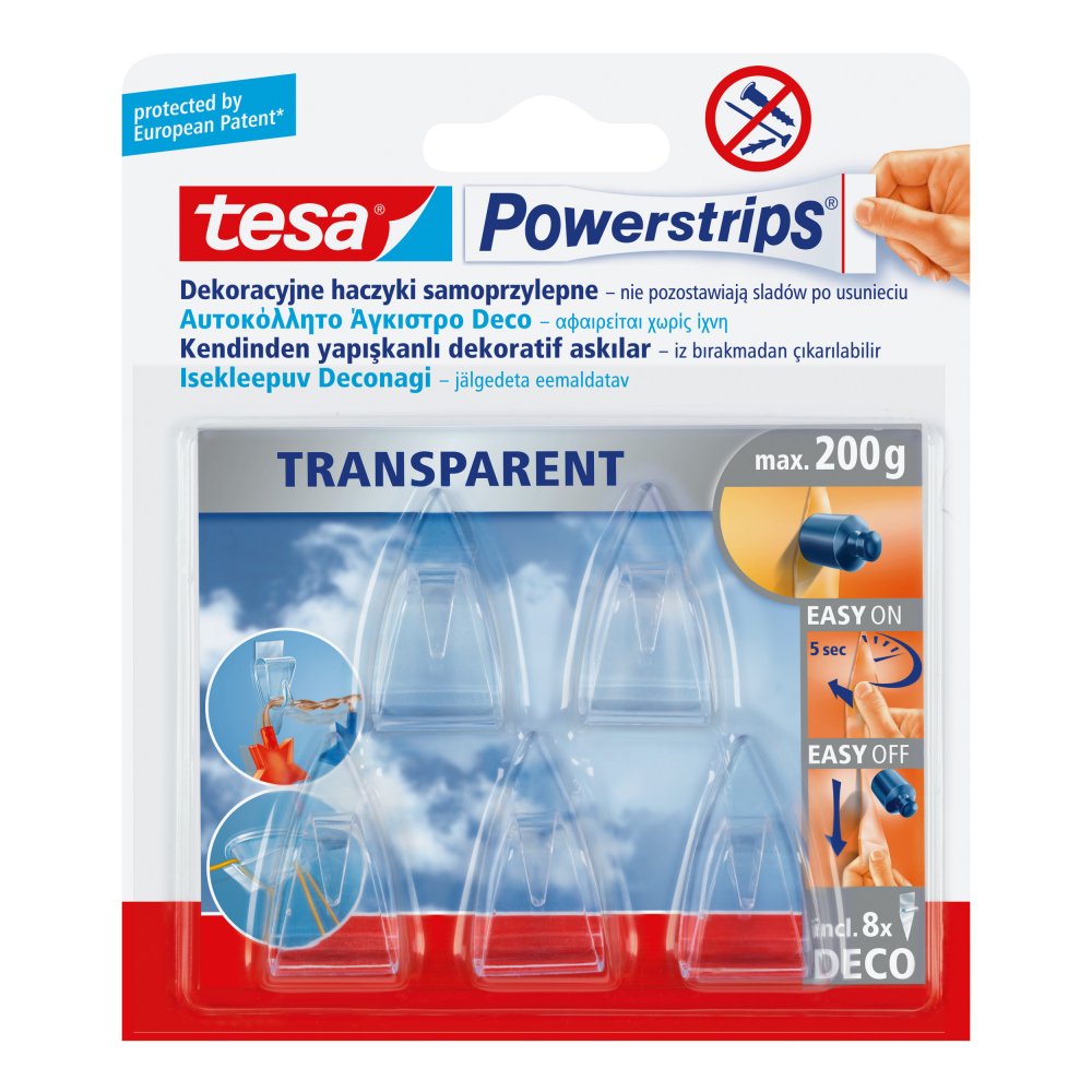 Haczyki samoprzylepne tesa Powerstrips Deco, 5 sztuk + plastry 8 sztuk, transparentny