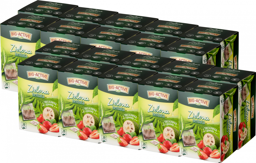 20x Herbata zielona smakowa w kopertach Big-Active, truskawka i graviola, 20 sztuk x 1.5g