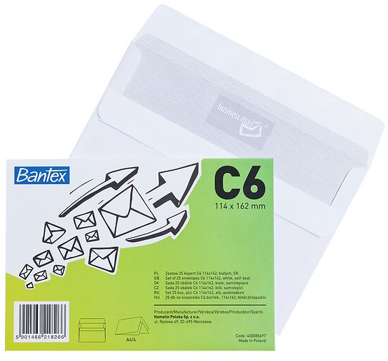 Koperta standardowa Bantex, C6, samoklejąca SK, 25 sztuk, biały