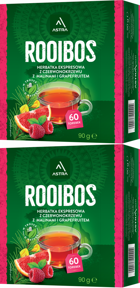 2x Herbata Rooibos w torebkach Astra, malina i grapefruit, 60 sztuk x 1.5g