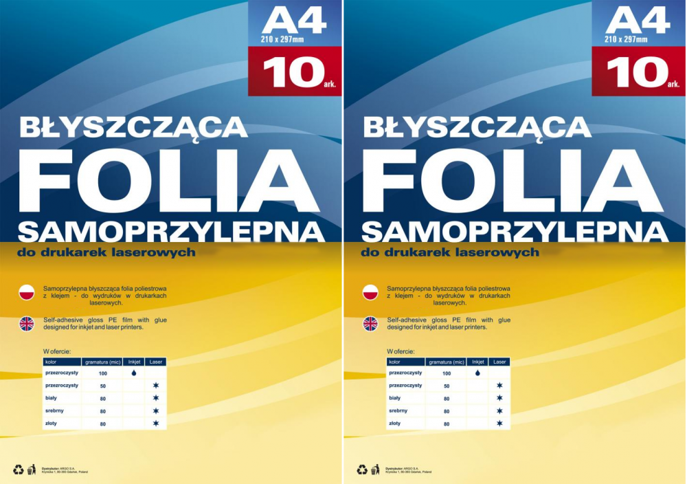 2x Folia samoprzylepna Argo, do drukarek laserowych, A4, 10 arkuszy, przezroczysty