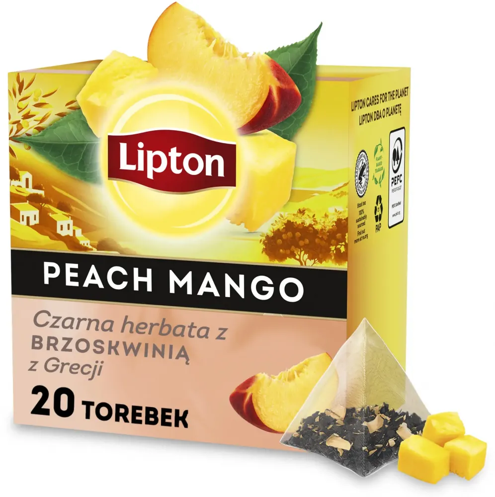Herbata czarna w piramidkach Lipton peach mango, z brzoskwinią z Grecji, 20 sztuk x 1.7g