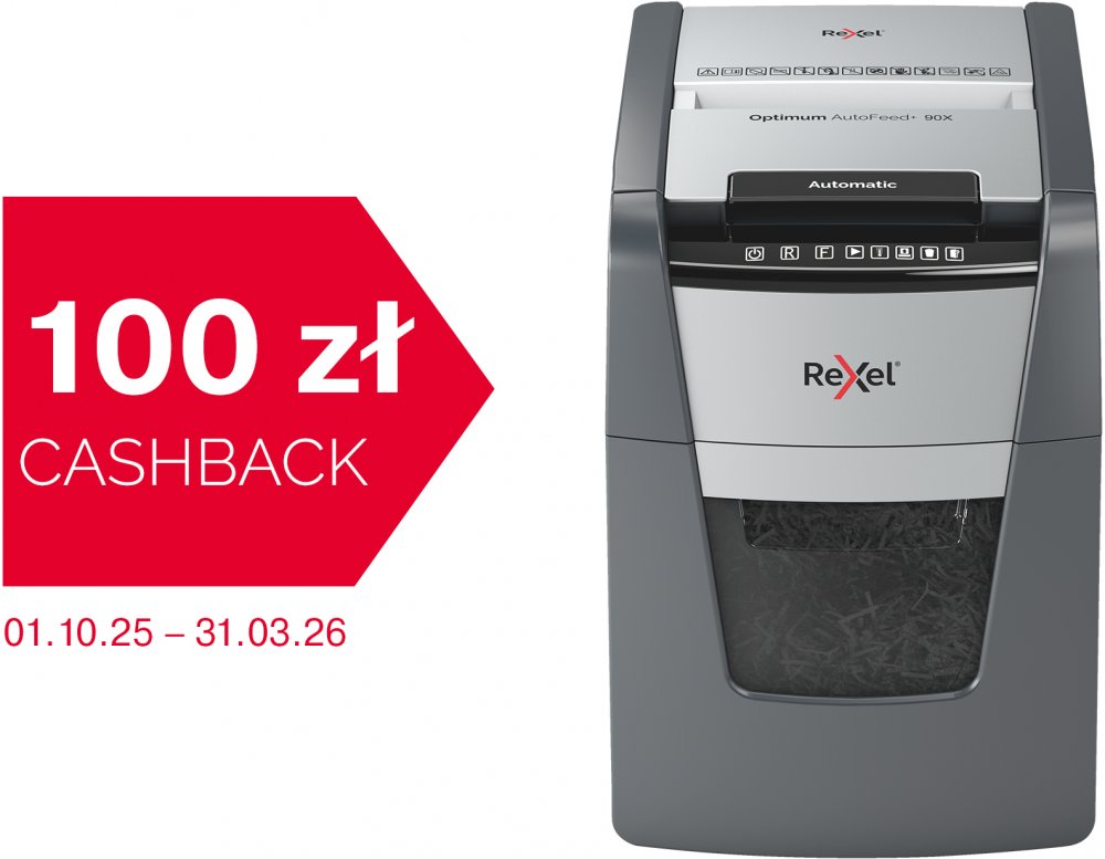 Niszczarka do papieru automatyczna Rexel Optimum AutoFeed+ 90X, konfetti 4x28 mm, 90 kartek, P-4 DIN, czarno-srebrny