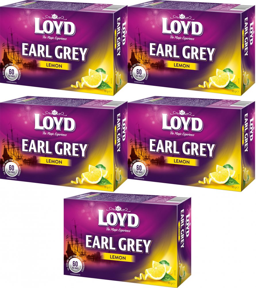 5x Herbata Earl Grey w torebkach Loyd Lemon, cytryna, 60 sztuk x 1.5g