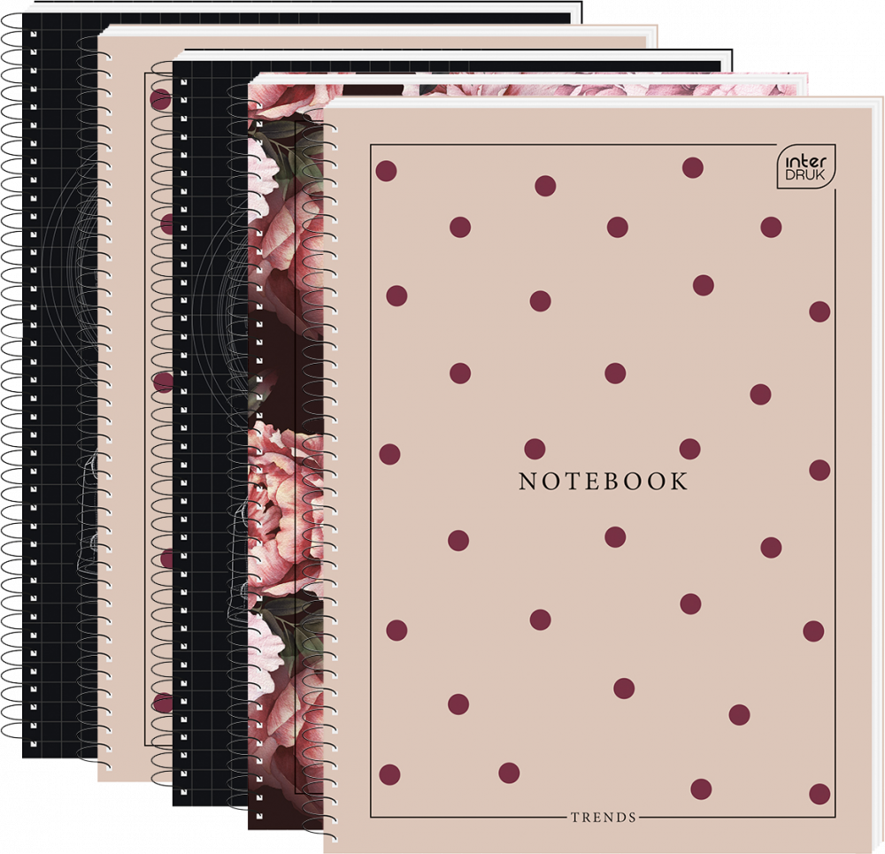 5x Kołonotatnik Interdruk, A5, w kratkę, 100 kartek, mix wzorów