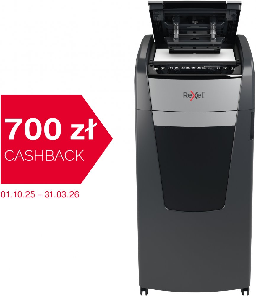 Niszczarka automatyczna Rexel Optimum AutoFeed+ 600M, mikrościnek 2x15mm, 600 kartek, P-5 DIN, czarny