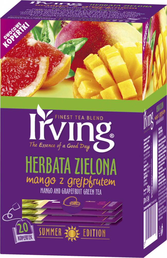 Herbata zielona smakowa w kopertach Irving, mango z grejpfrutem, 20 sztuk x 1.5g