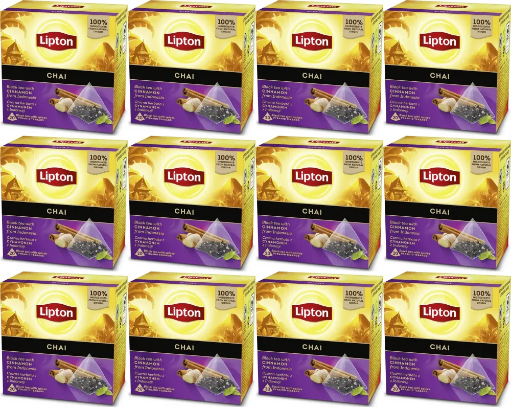 12x Herbata czarna aromatyzowana w piramidkach Lipton Chai, z cynamonem, 20 sztuk x 1.7g