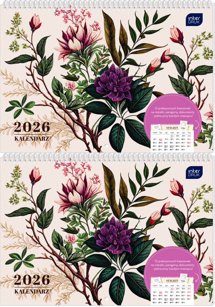 2x Kalendarz ścienny 2026, Interdruk, z kieszonką, 25x17.5cm, miesięczny, Kwiaty