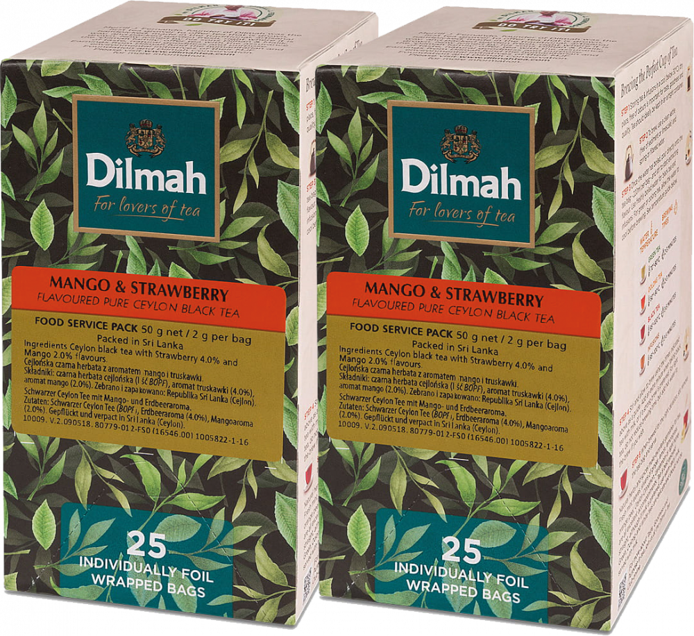 2x Herbata czarna aromatyzowana w kopertach Dilmah, mango i truskawka, 25 sztuk x 2g