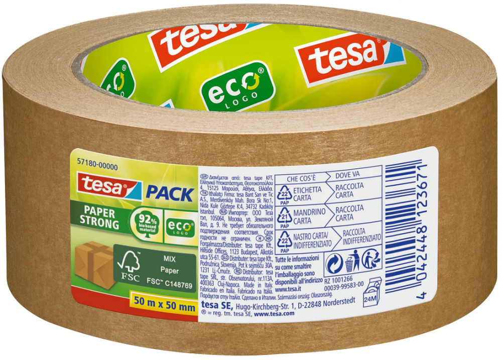 Taśma pakowa papierowa tesa Paper Strong ecoLogo, 50mm x 50m, brązowy