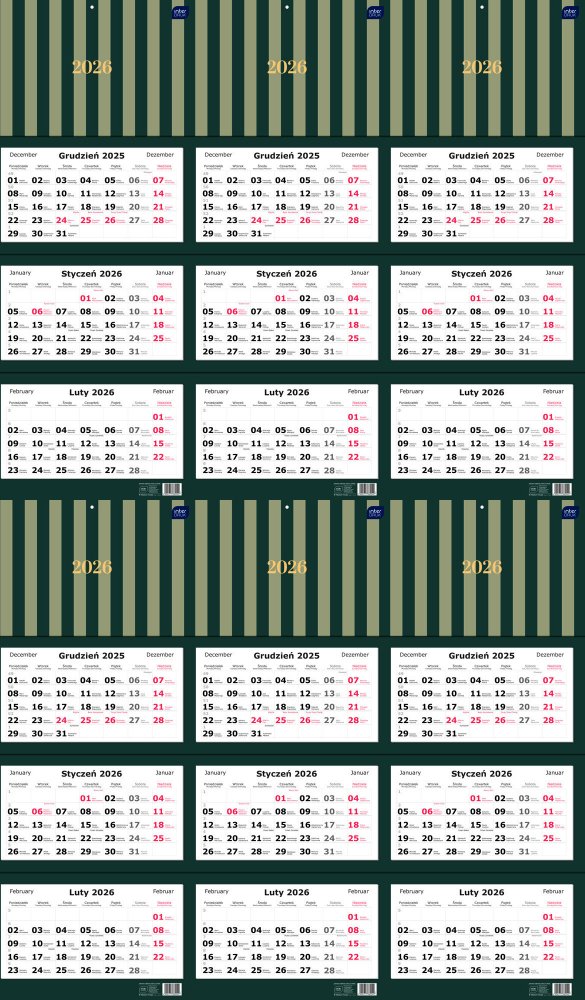 6x Kalendarz ścienny 2026, Interdruk, trójdzielny, 34x82.5cm, Paski