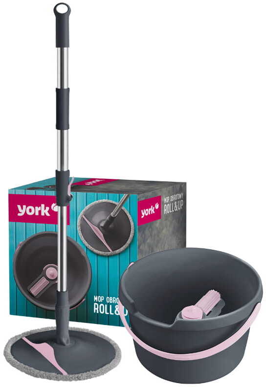 Zestaw York Roll&up, wiadro+kij+uchwyt do mopa+mop obrotowy, szaro-różowy
