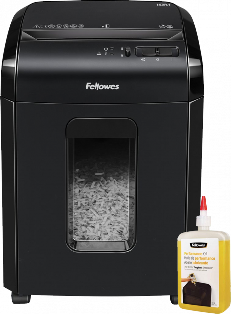 Zestaw: Niszczarka Fellowes 10M, mikrościnek 2x12mm, 10 kartek, P-5/T-5 DIN, czarny + Olej do niszczarek Fellowes, 355ml