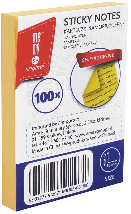 Karteczki samoprzylepne MemoBe, 50x75mm, 100 karteczek, żółty