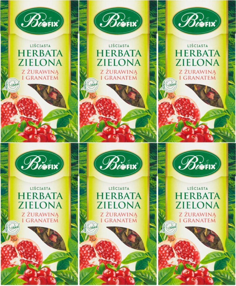 6x Herbata zielona liściasta BiFix, z żurawiną i granatem, 100g