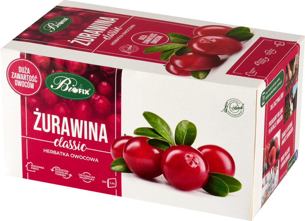 Herbata owocowa w torebkach BiFix Classic, żurawina, 20 sztuk x 2.5g