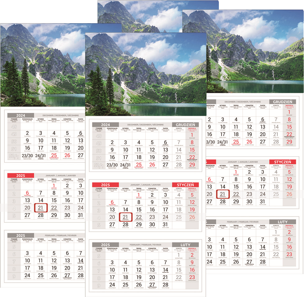 4x Kalendarz ścienny 2026, Udziałowiec, trójdzielny, 310x680mm góry